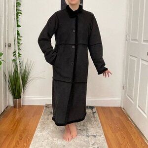 Y2K Vintage Patchwork Faux Shearling Trench Coat Long Sleeve Size S Black